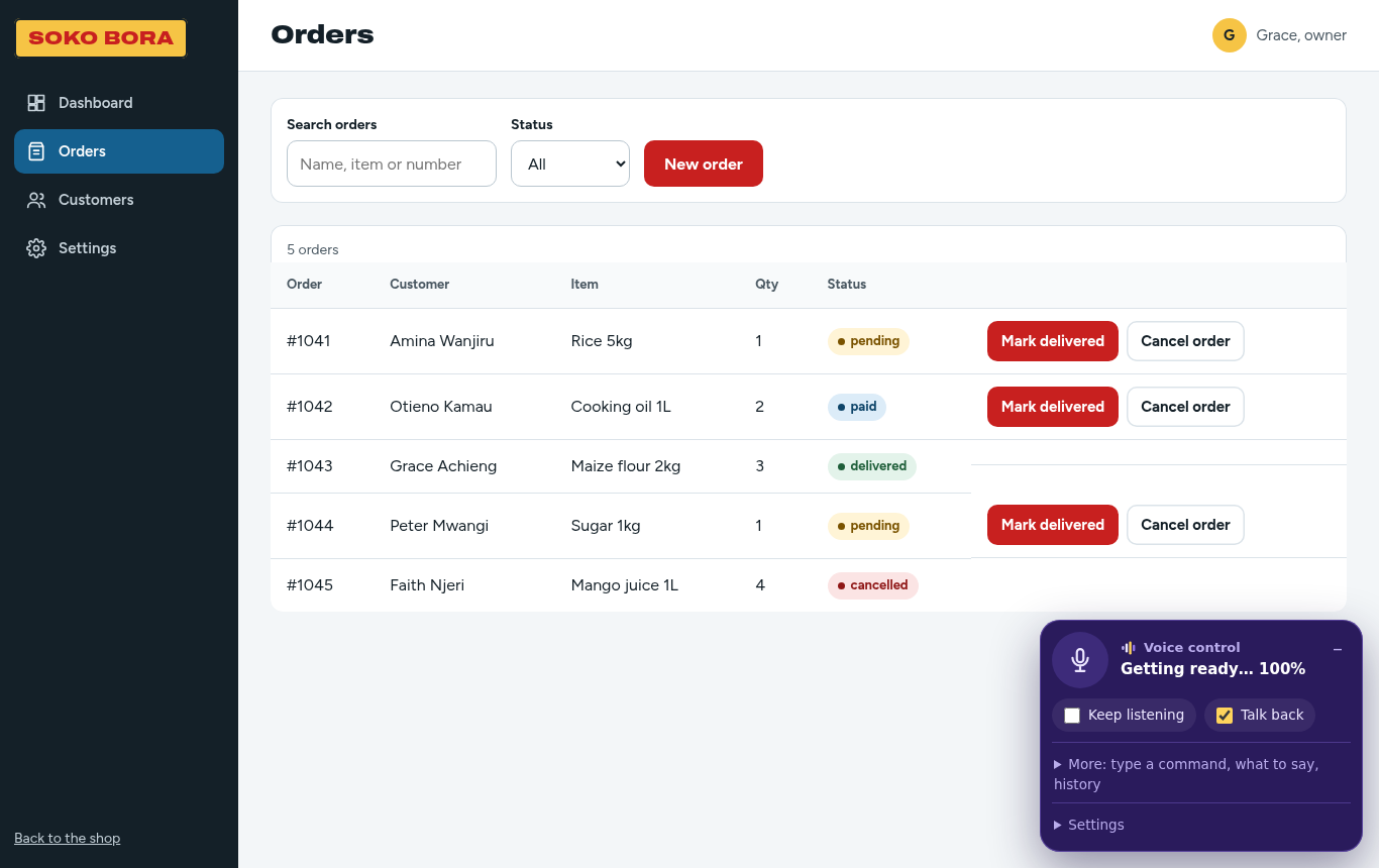 The Soko Bora business app showing a table of orders, with buttons to mark each order delivered or cancel it