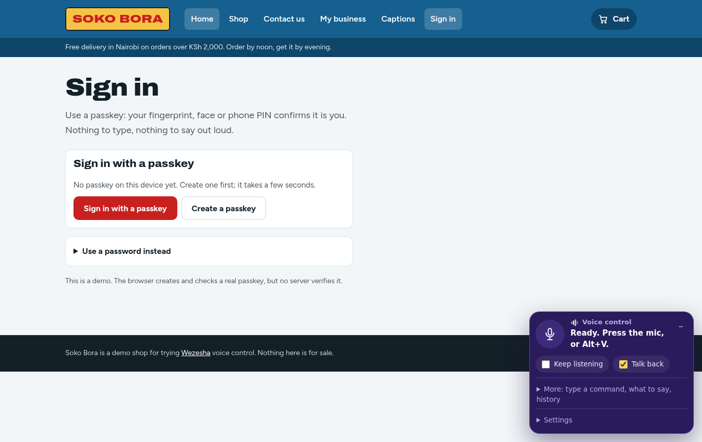 A sign-in page with a button to sign in with a passkey and a button to create a passkey